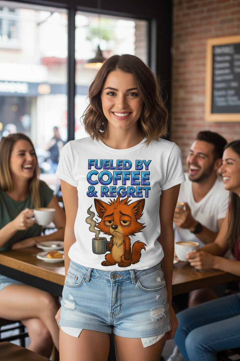 LuckyFox Coffee Regret Shirt – 3D Chrome Exhausted Fox Morning Design