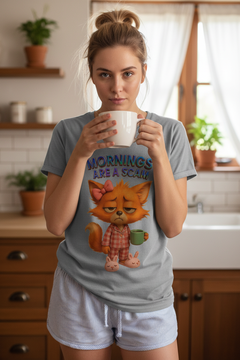 3D LuckyFox Morning Shirt – Frazzled Fox in PJs with Chrome Lettering