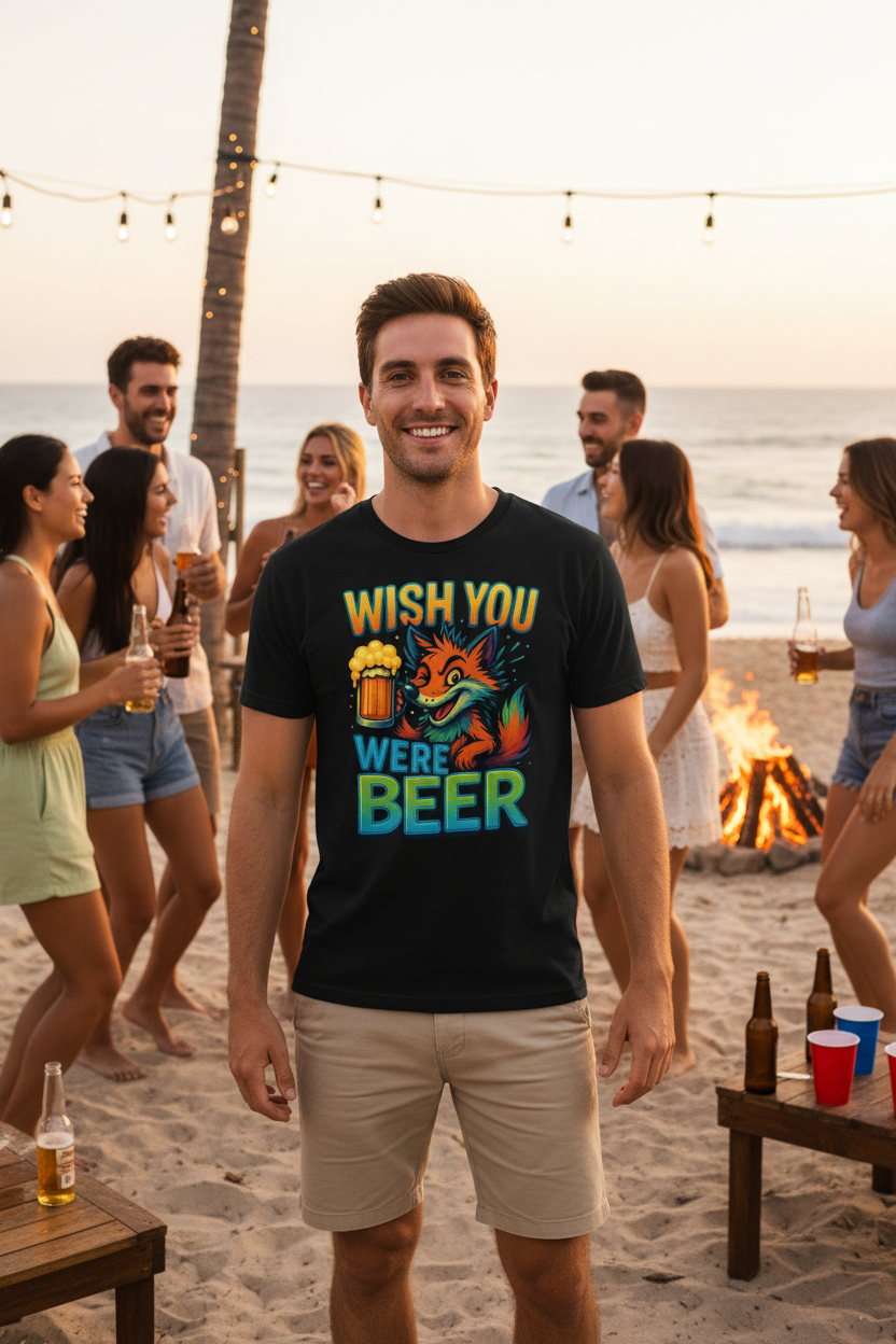 Wish You Were Beer T Shirt – Funny Neon LuckyFox Drinking Cartoon Design