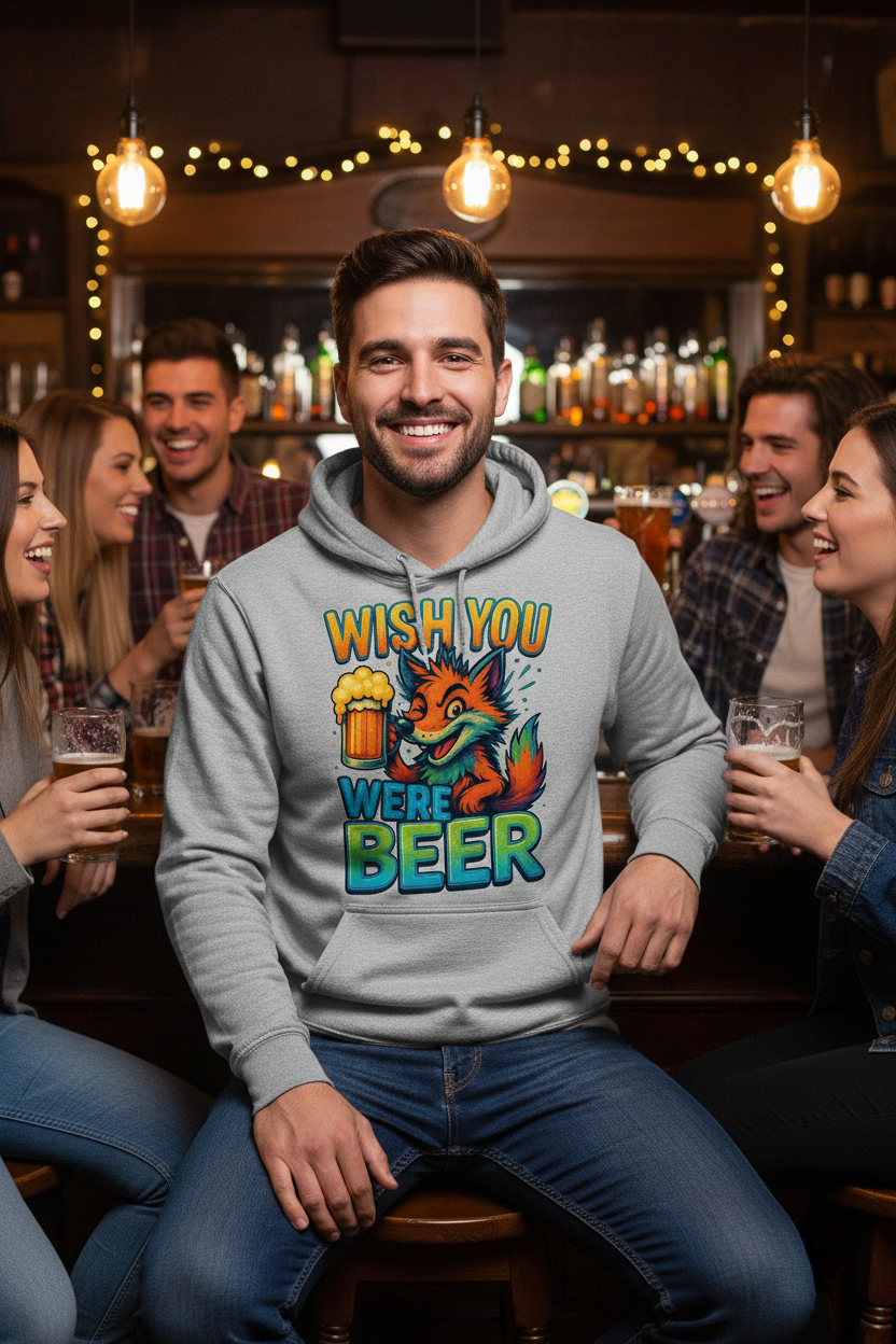 Wish You Were Beer Hoodie – Neon LuckyFox Drinking Graphic for Party Nights